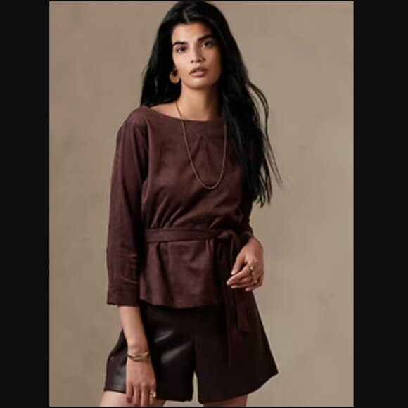 NWT BANANA REPUBLIC Vegan Suede Belted Top in CAMEL - Picture 6 of 6